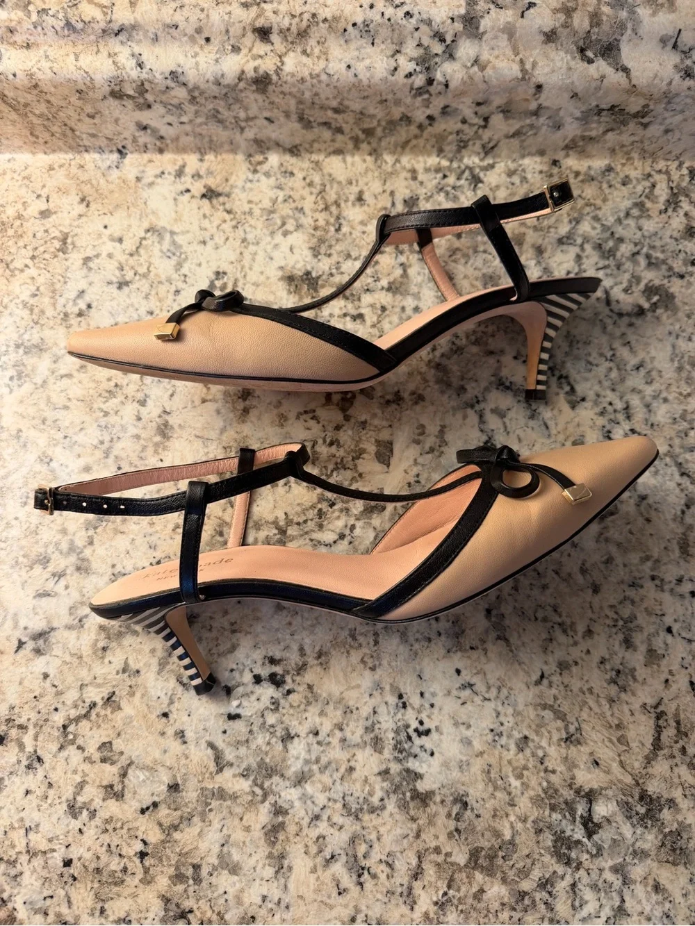 Kate Spade ♠️ beige and black T-strap pointed-toe bow pumps Ponoma Office Heels